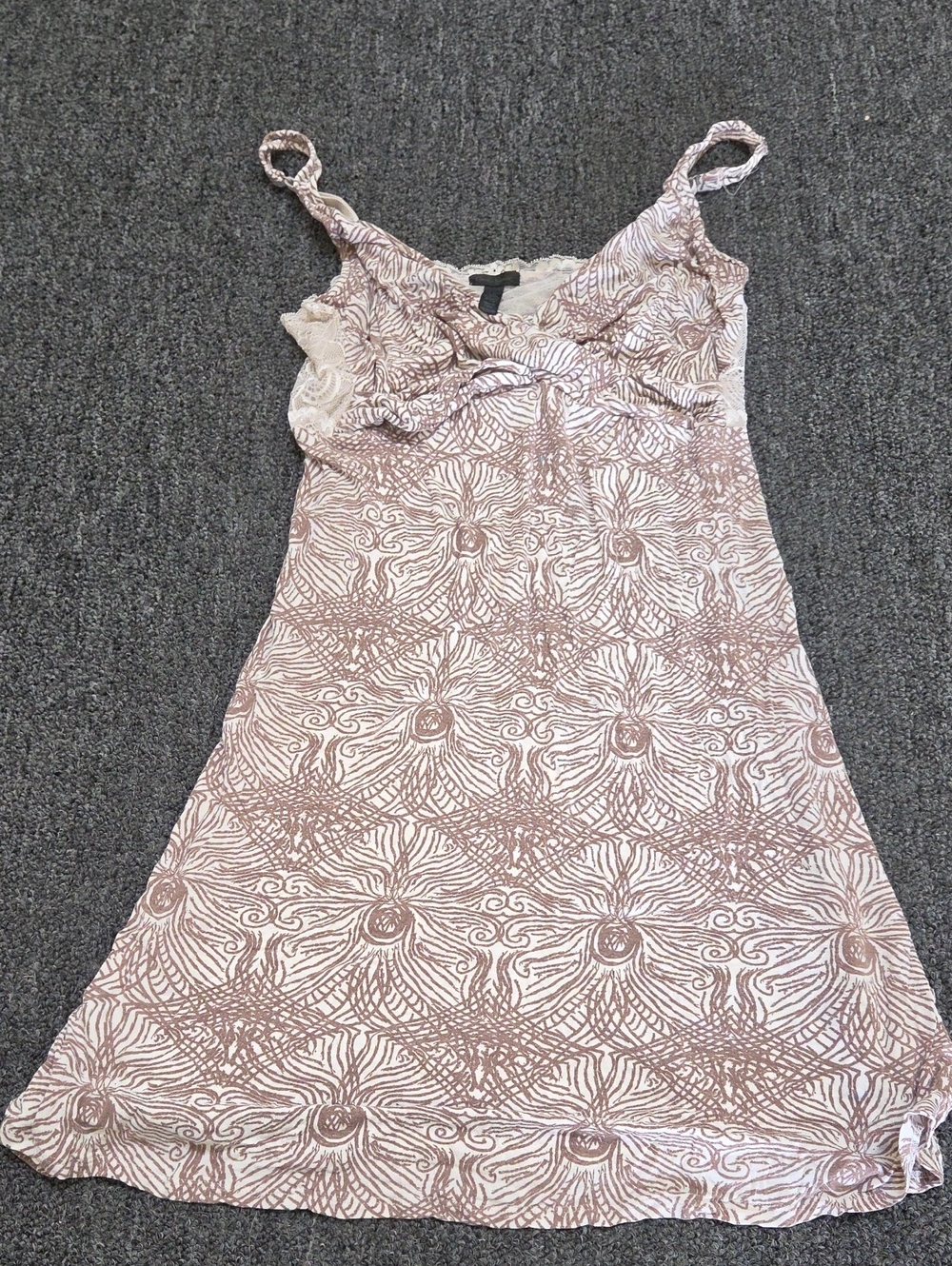 (#1C) Floral Lace-Trim Slip Dress in Cream & Taupe